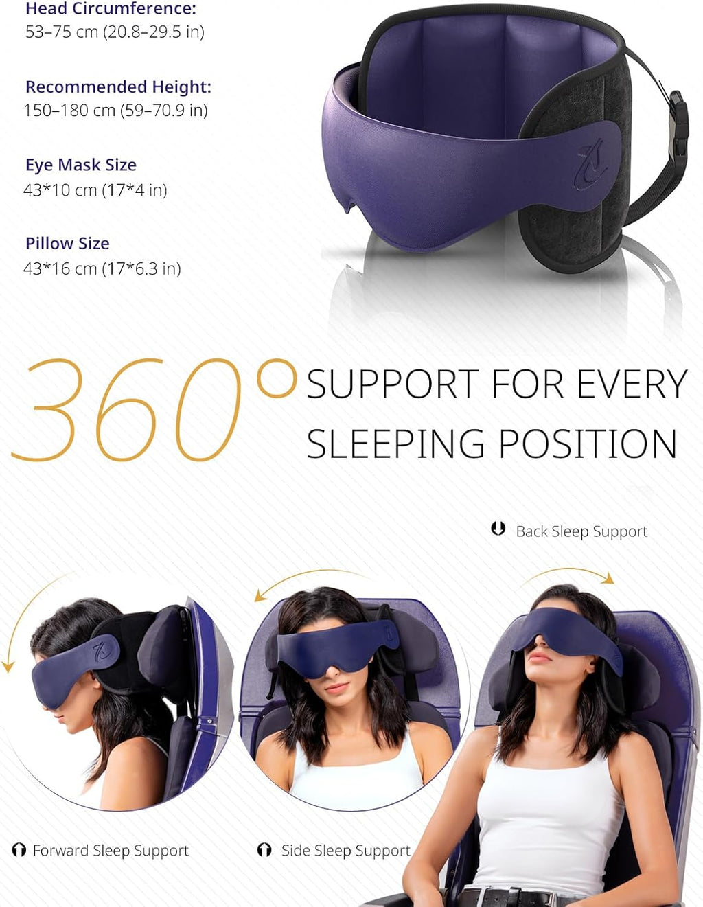 Bonairest Travel Pillow, Airplane Pillow with 3D Eye Mask for Sleeping, Round Edge Plane Head Strap 360°Headrest Support for Long Flight, S…