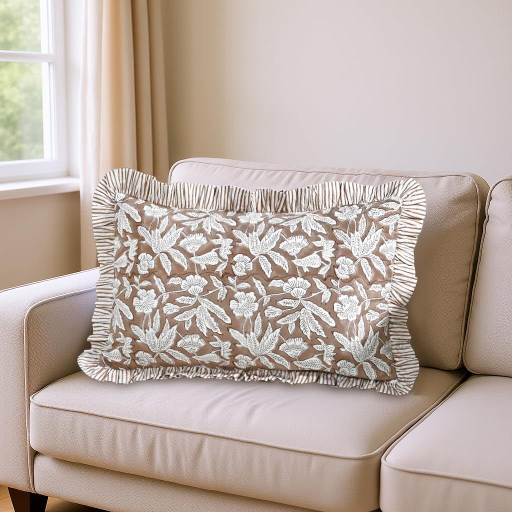 Ridhi Block Print Oak Brown 20"x12" Set 1-100% Cotton Ruffle Lumbar Sham Cover Boho Floral Pillowcase, Farmhouse Cottagecore Bedding…