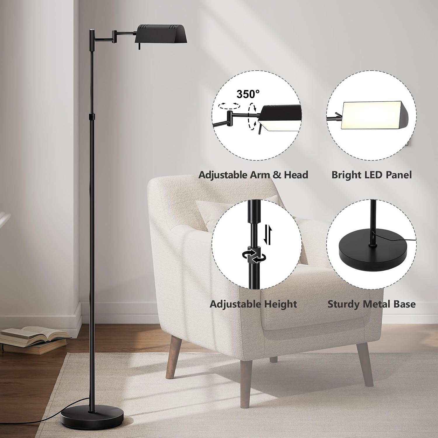 SUNMORY Dimmable LED Pharmacy Floor Lamp, 16W/1500LM Bright Reading Floor Lamp with Remote & Touch Control, 350°Swing Arm, Adjustable…