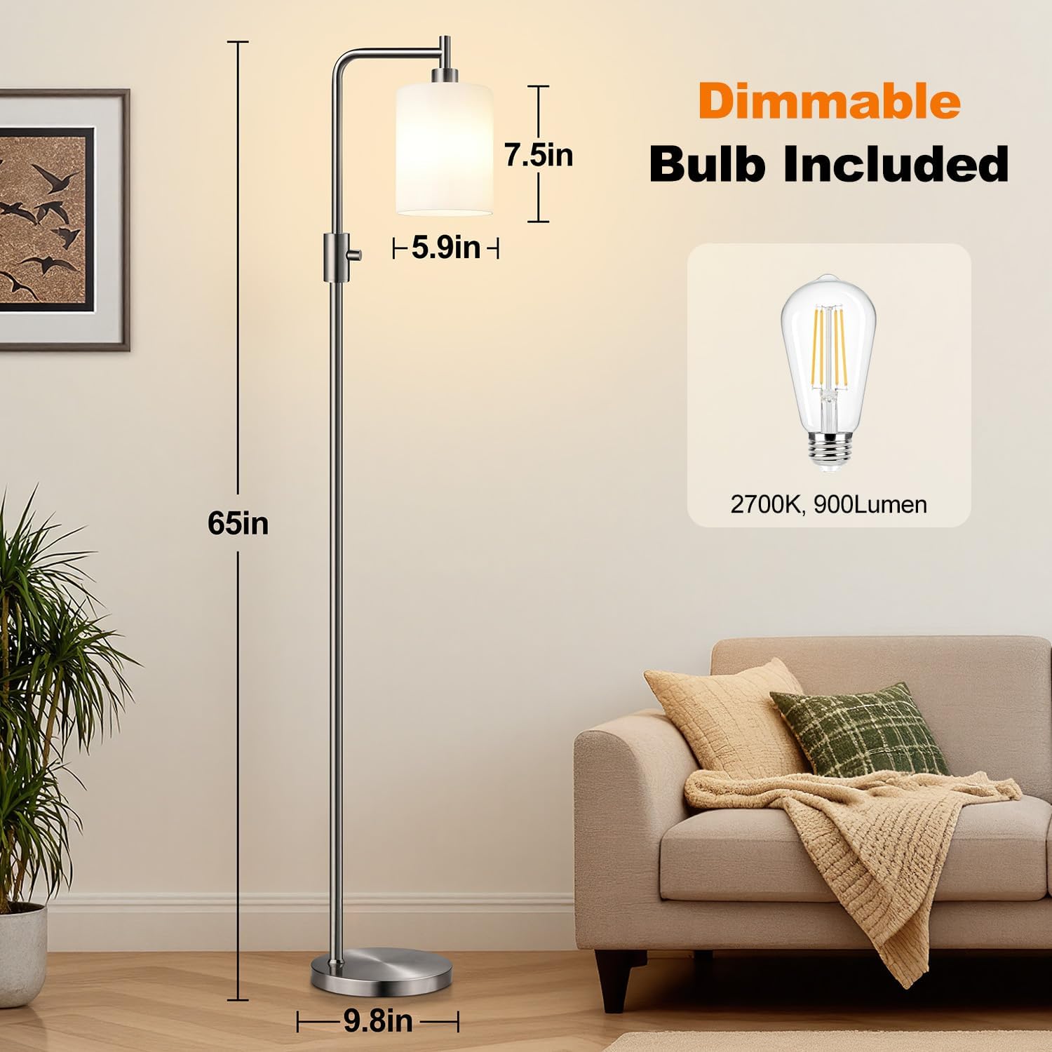 Upgraded】Dimmable Floor Lamps for Living Room with Frosted White Glass Lampshade, Modern Industrial Floor Lamp with 900LM Bulb Included…