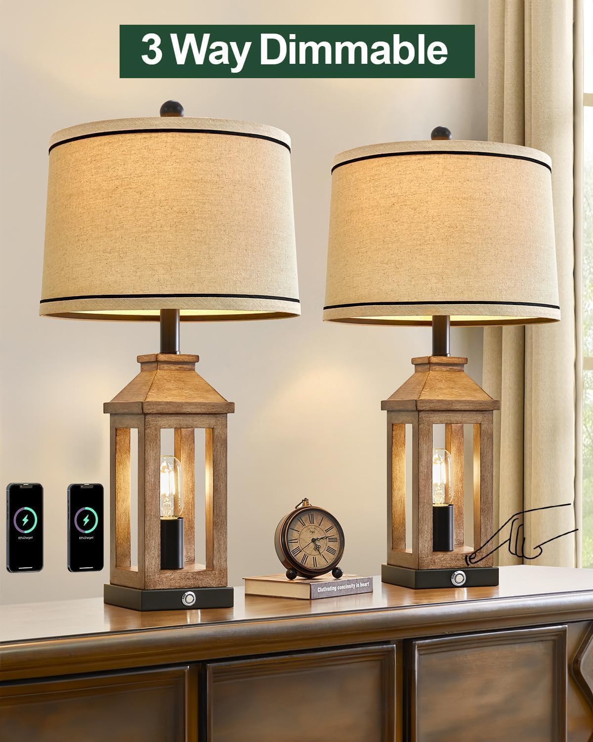 G-SAFAVA 23.75" Farmhouse Dual USB Charging Ports 3-Way Dimmable Touch Control Table Lamp with Nightlight Vintage Modern Lamps for Living…