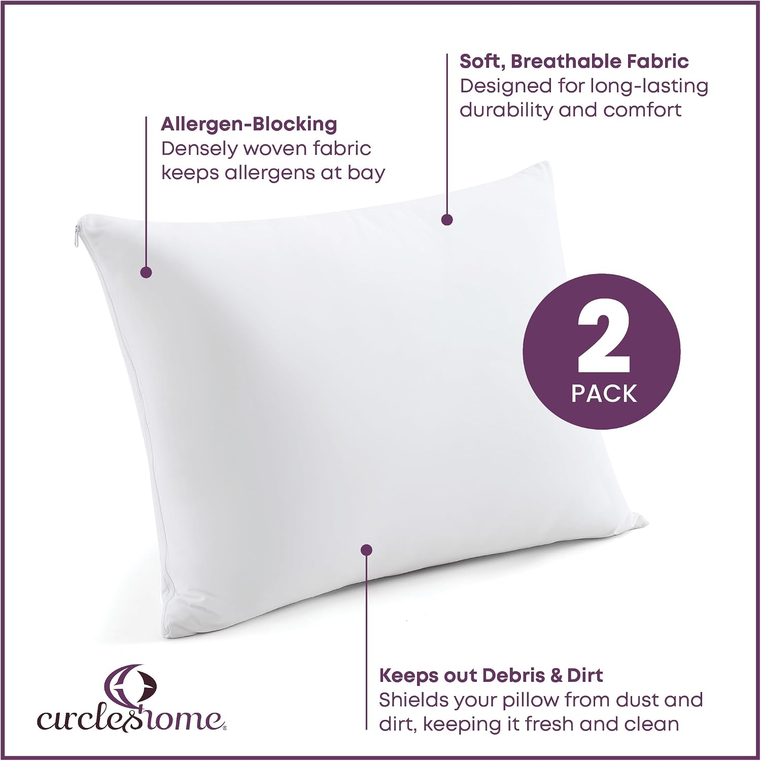 CirclesHome Pillow Protectors 2 Pack Standard Zippered - 100% Cotton Breathable Pillowcases - Protects Pillows from Dirt, Dust and Debri (S…
