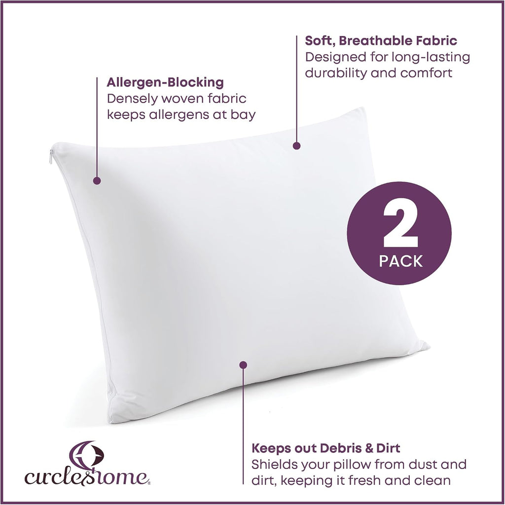 CirclesHome Pillow Protectors 2 Pack Queen Zippered - 100% Cotton Breathable Pillowcases - Protects Pillows from Dirt, Dust and Debri (Quee…
