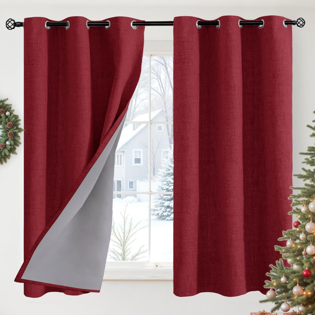 YoungsTex Burgundy Linen Blackout Curtains 48 Inches Long for Bedroom, Thermal Insulated Black Out Drapes with Grommet Light Blocking for L…
