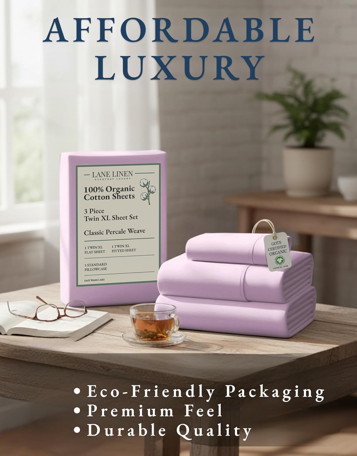 LaneLinen LANE LINEN 100% Organic Cotton Sustainably Produced Extra Large Twin Sheets for Hospital Bed, Fully Elasticized Reinforsed Seams,…
