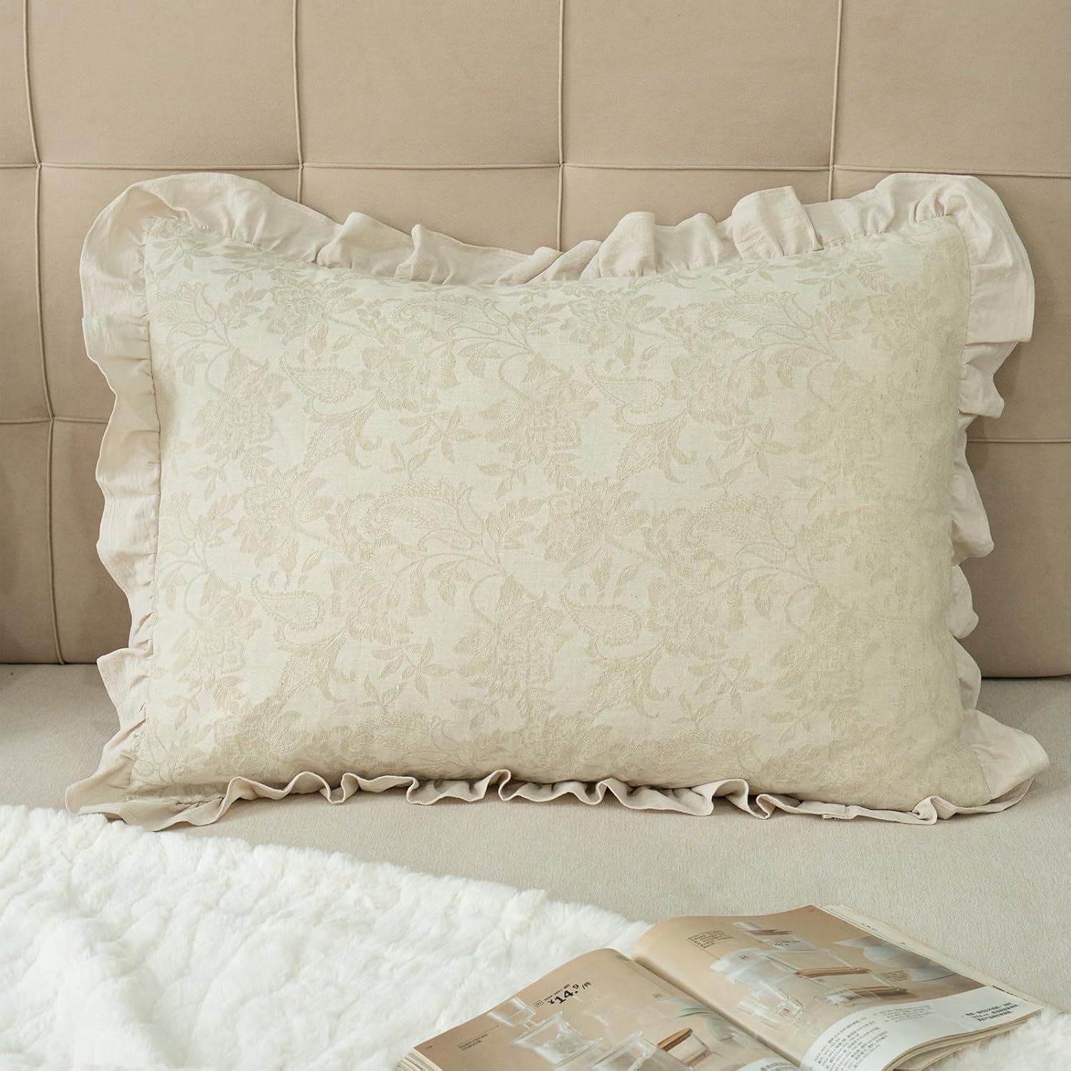 Pillow Shams Set of 2 Linen-Cotton Jacquard Fabric and Washed 100% Cotton Retro Ruffle Flounces Trim Solid Beige Decorative Pillow Cases…