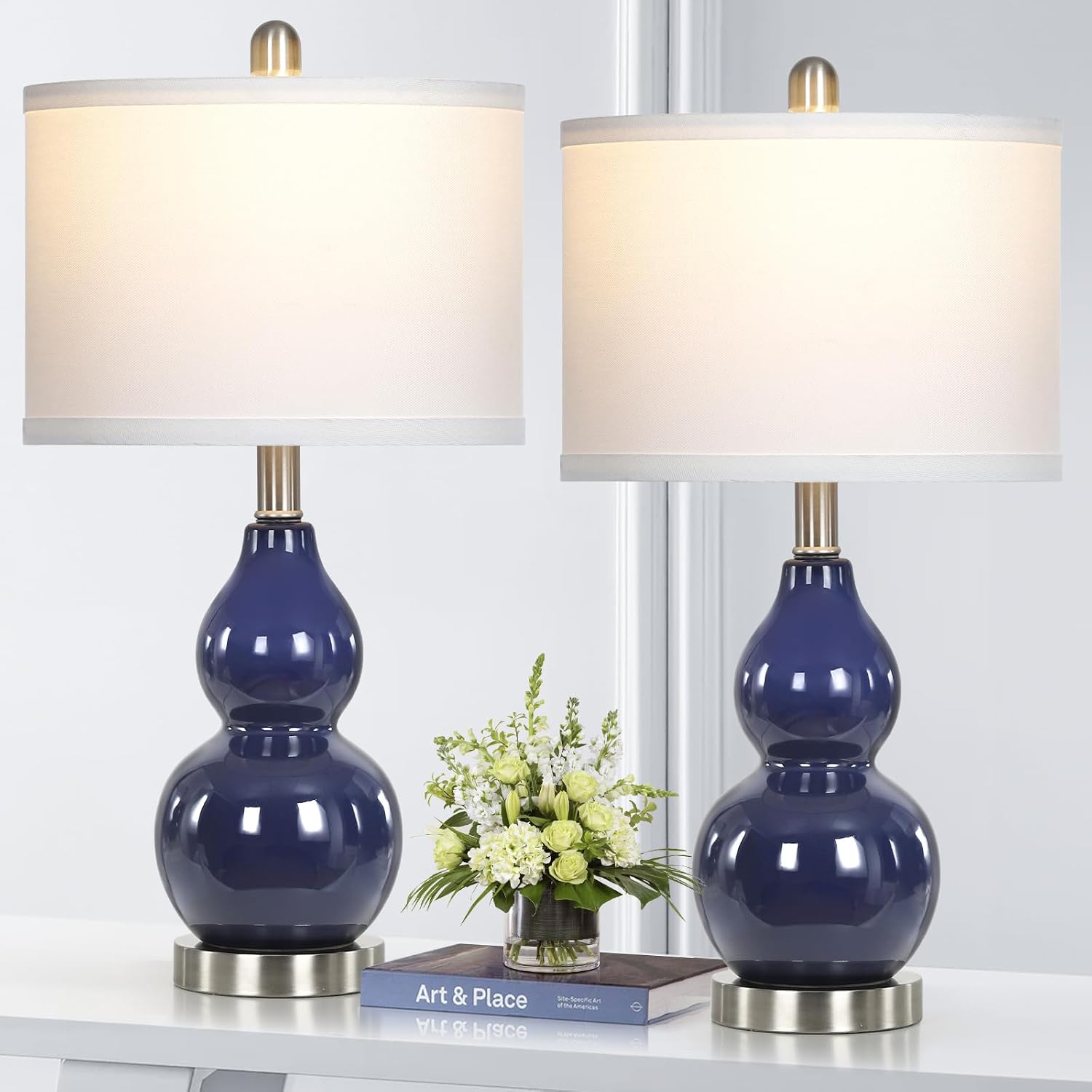 Rinweey Double Gourd Ceramic Table Lamps Set of 2, Modern Navy Blue Bedside Lamps for Night Stand, Contemporary Nightstand Lamps for…