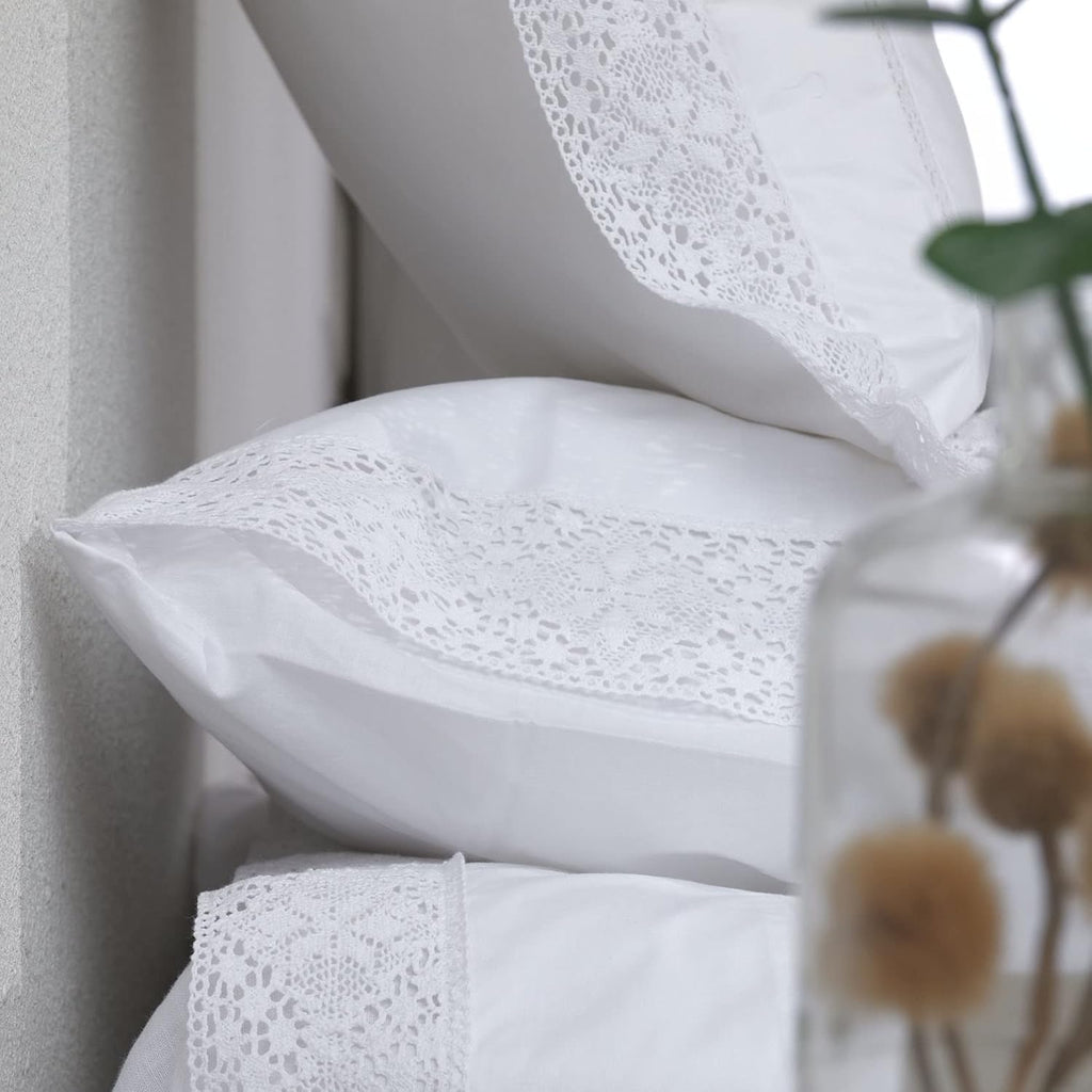 White Lace Pillowcases Standard Size Set of 2, 100% Cotton White Eyelet Pillow Shams, Elegant Farmhouse Envelope Closure Pillow Cover for…