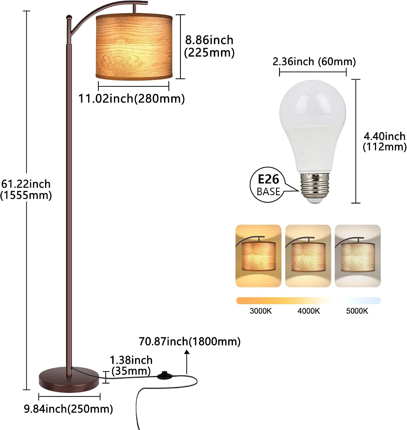 Floor Lamp for Living Room, LED Standing Lamp Tall Industrial Floor Lamp Reading for Bedroom, Office (9W LED Bulb, Wood Grain Lampshade…