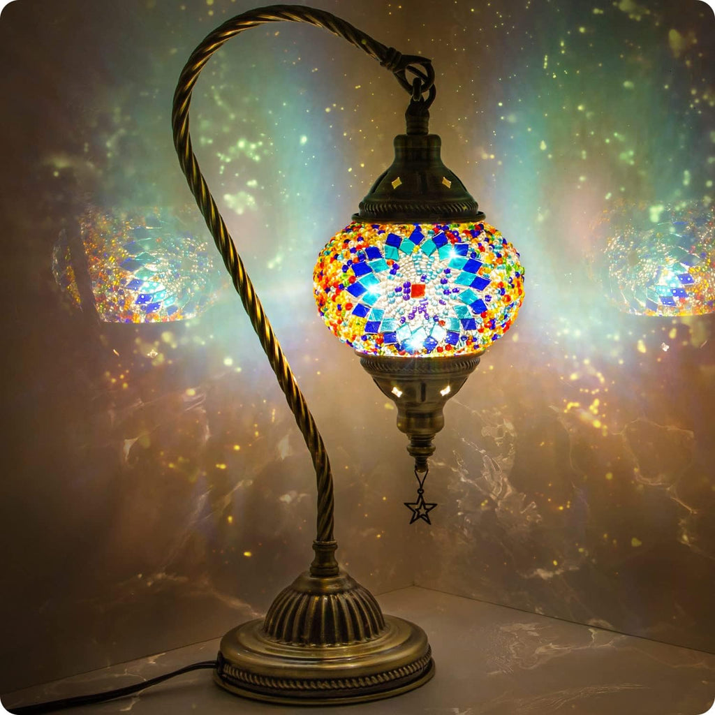 Yarra-Decor Turkish Moroccan Lamp with Bronze Base 3 Color Options Handmade Swan Neck Tiffany Mosaic Glass Bedside Lamps for Bedroom (LED…