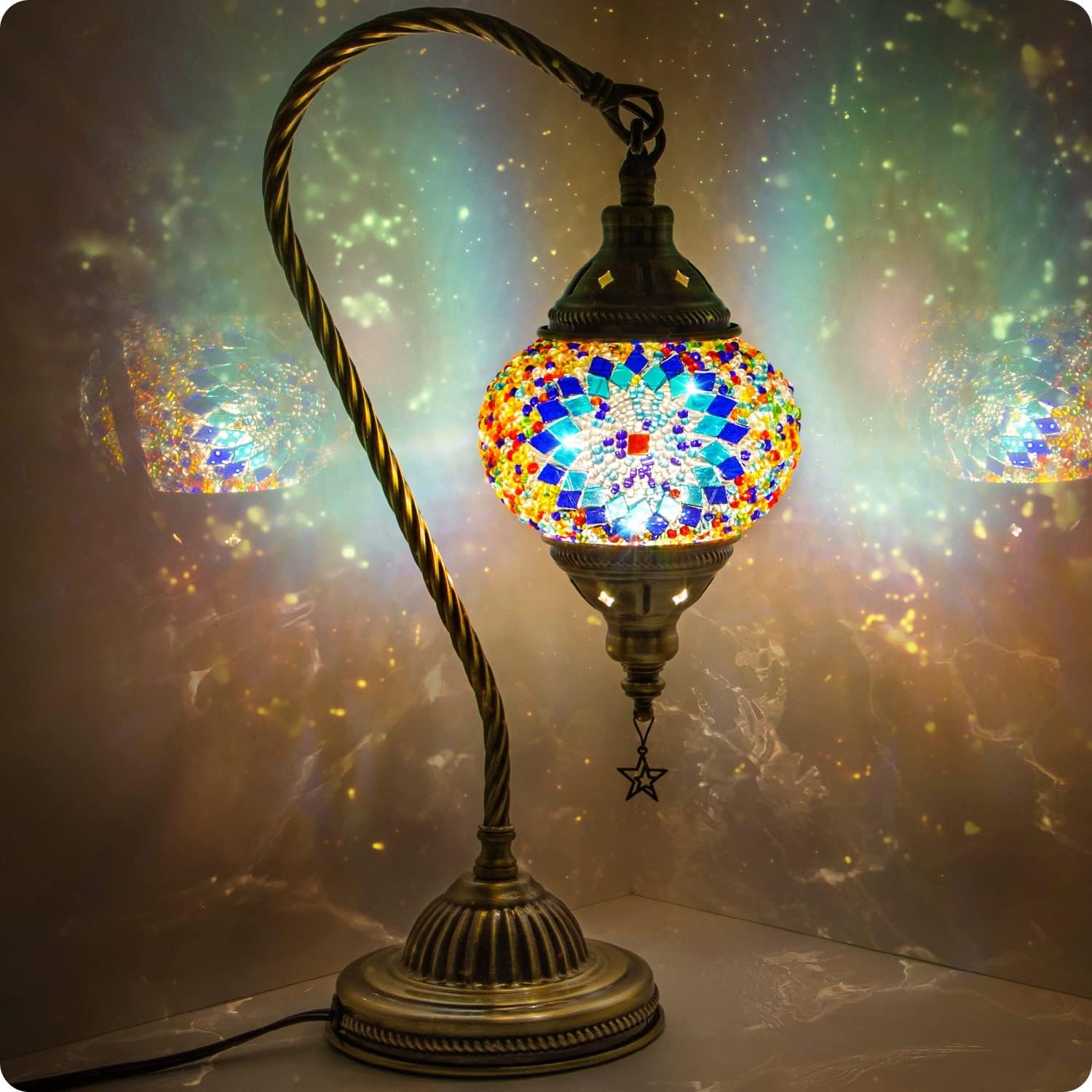 Yarra-Decor Turkish Moroccan Lamp with Bronze Base 3 Color Options Handmade Swan Neck Tiffany Mosaic Glass Bedside Lamps for Bedroom (LED…