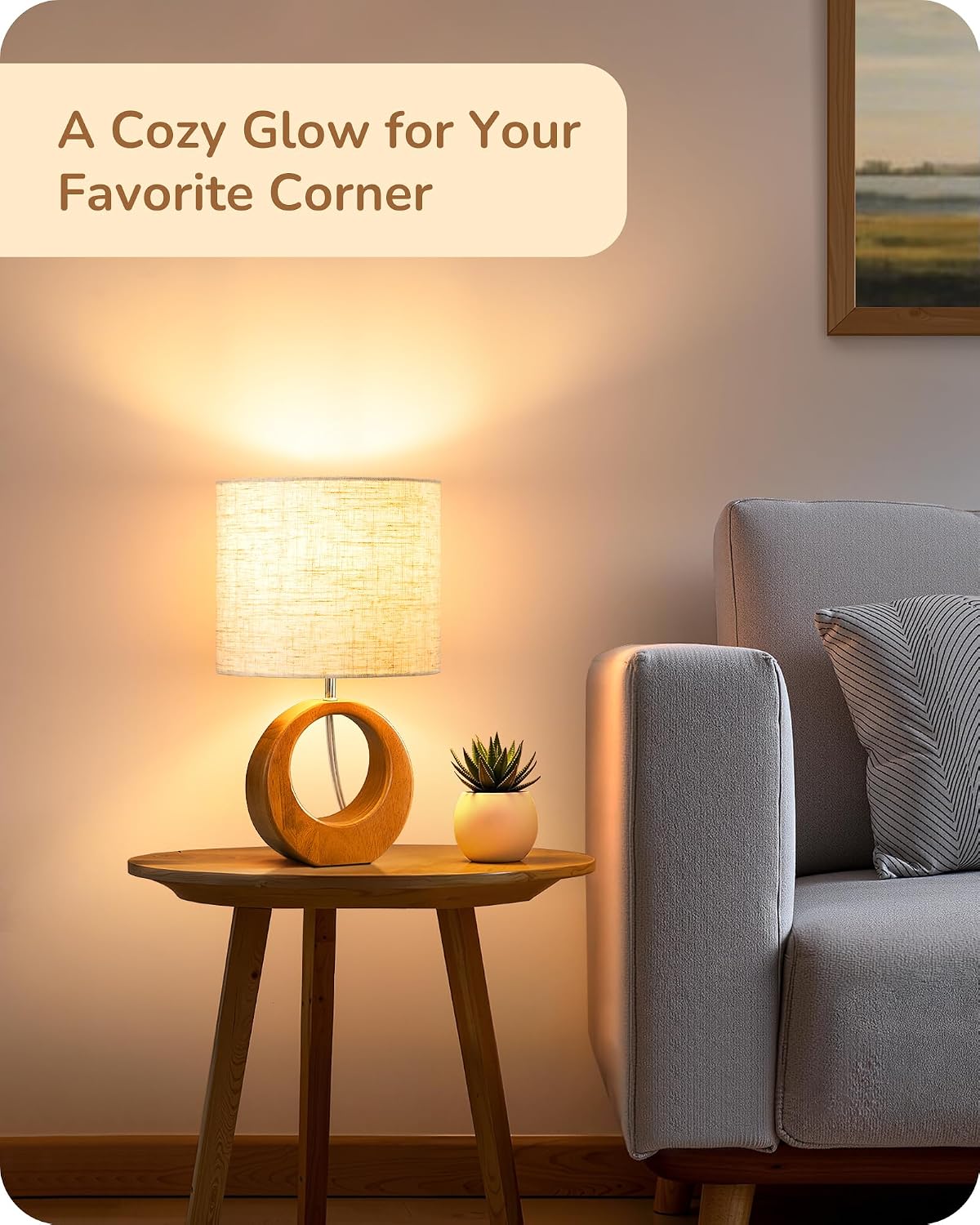 EDISHINE Small Wood Table Lamp, 13.4" Nightstand Lamp with Beige Linen Lampshade, ON-Off Switch, E26 Base, Modern Bedside Lamp for Living…