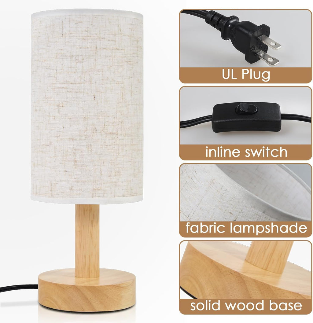 Small Bedside Table Lamp for Bedroom, Natural Round Wood Base&Fabric Linen Shade, Cozy Night Table Light for Study Reading, Minimalist Boho…