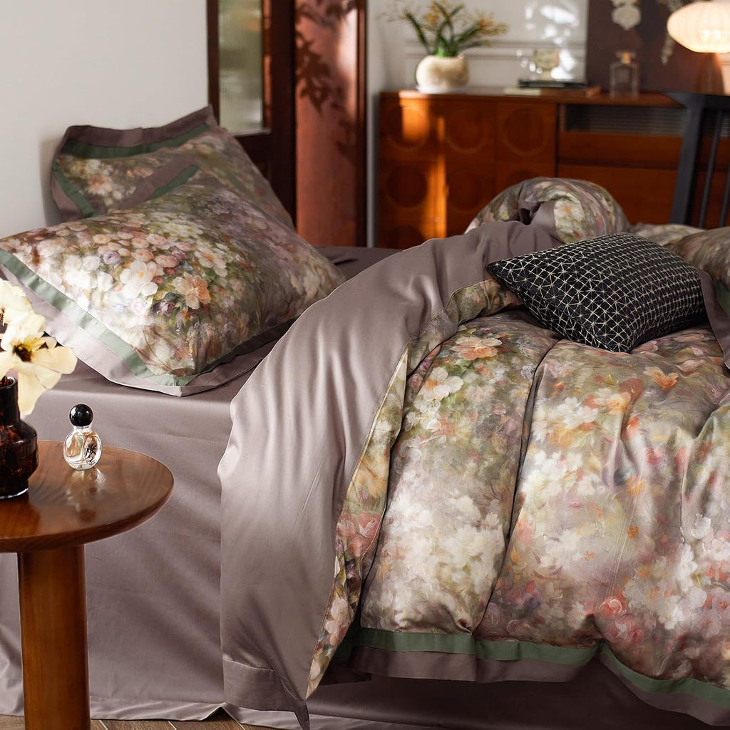 mixinni Vintage Floral Duvet Cover Set - Queen Size, 100% Long Staple Cotton Percale, Reversible Garden Style Bedding Set with Zipper Closu…