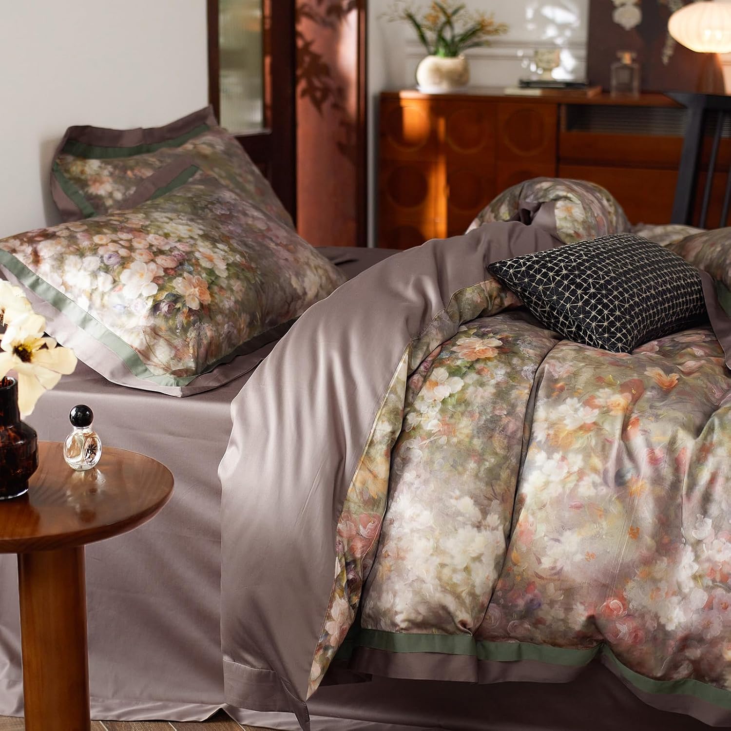 mixinni Vintage Floral Duvet Cover Set - Queen Size, 100% Long Staple Cotton Percale, Reversible Garden Style Bedding Set with Zipper Closu…