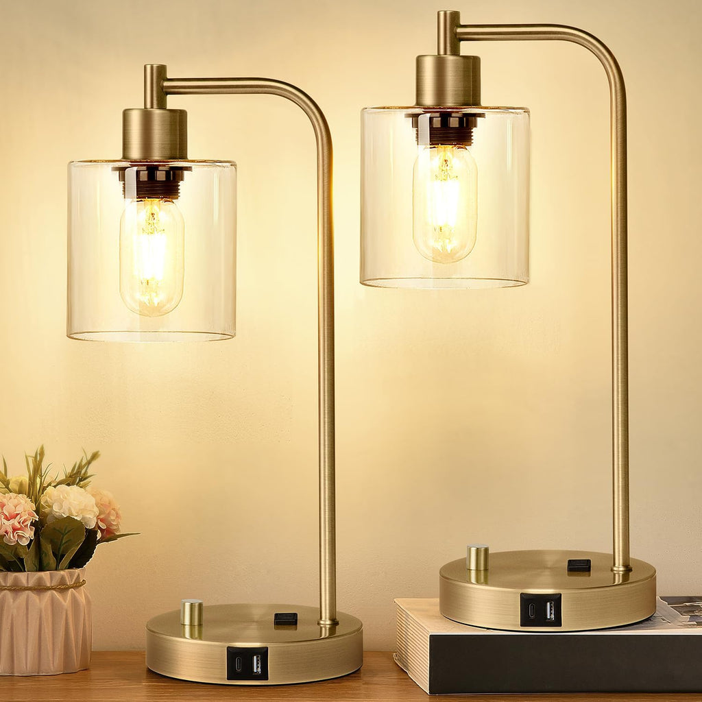 Lynnoland Set of 2 Industrial Table Lamps with USB C+A Ports and Outlet, Brass Fully Stepless Dimmable Bedside Lamps, Nightstand Lamps…