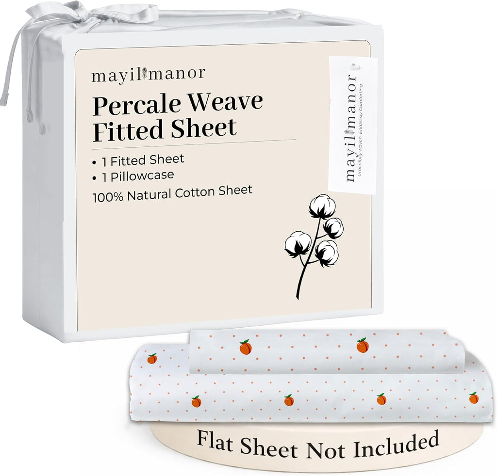 Twin XL Fitted Sheet with 18" Deep Pockets, No Flat - Percale Weave Natural - Breathable 100% Cotton Printed Bedding, 1 Fitted Sheet + 1…