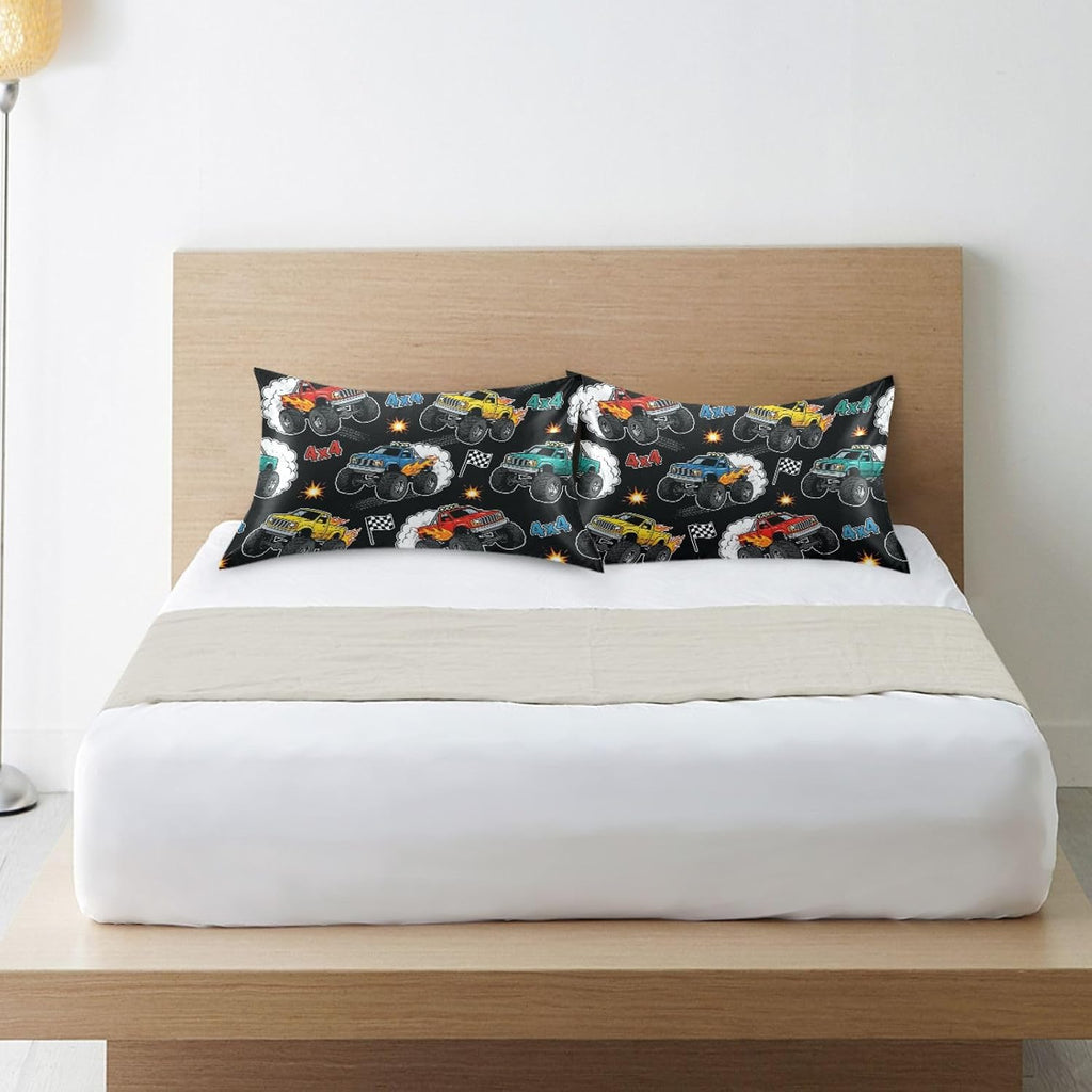 Monster Truck Black Print Pillow Covers Silk Pillowcase for Hair and Skin Soft Breathable Smooth Cooling Satin Pillowcase Queen Size…