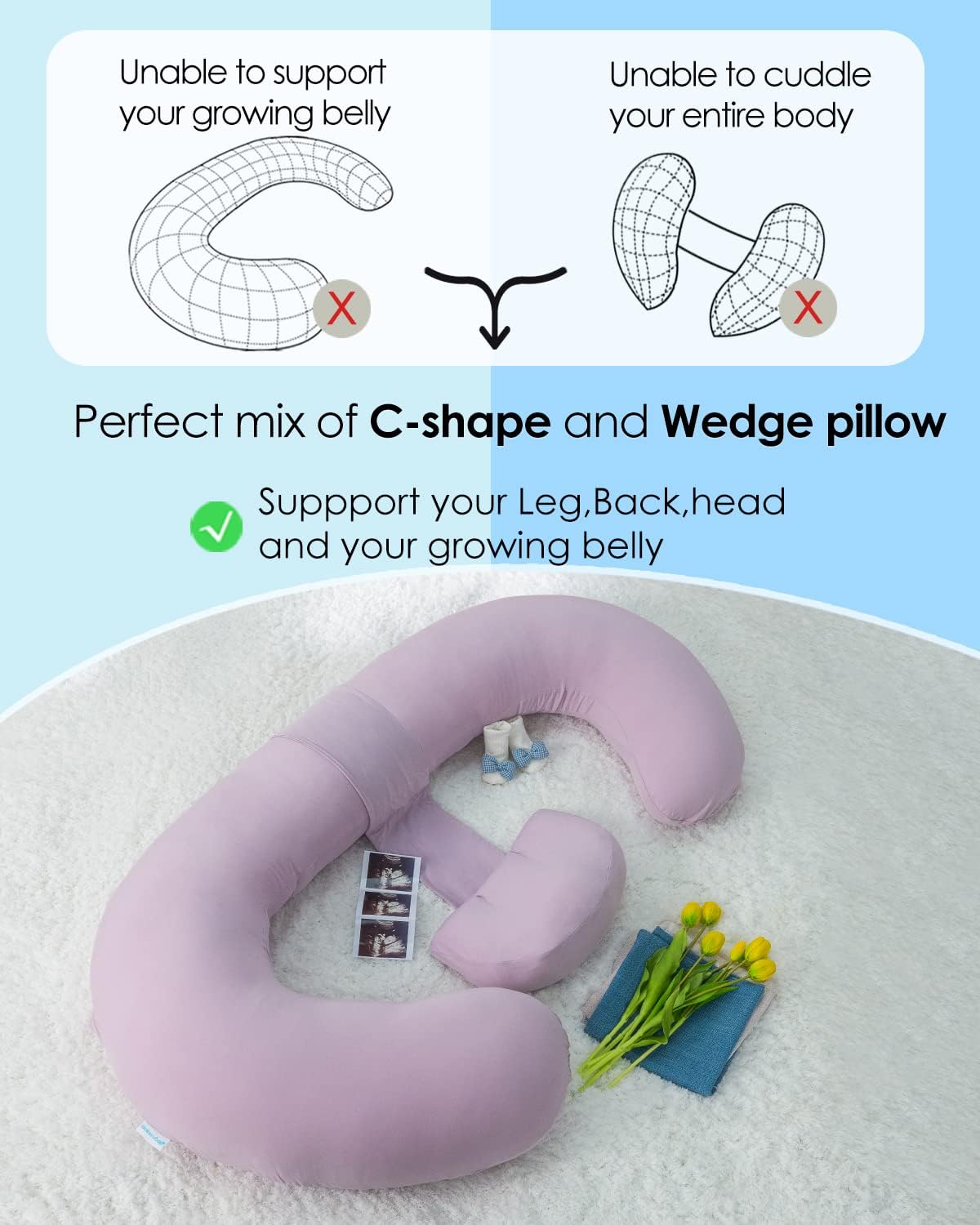 Queenrose QUEEN ROSE Cooling Pregnancy Pillows, E Shaped Full Body Pillow for Sleeping, with Pregnancy Wedge Pillow for Belly Support, 60 In…