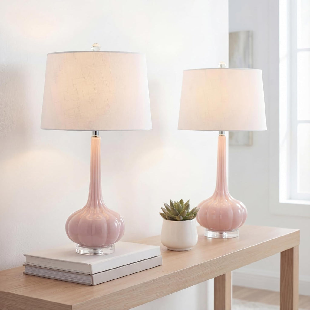 JONATHAN Y 28.5" Pink Glass Teardrop LED Table Lamp Set of 2 for Living Room Bedroom Nightstand, White Linen Shade Modern Transitional…