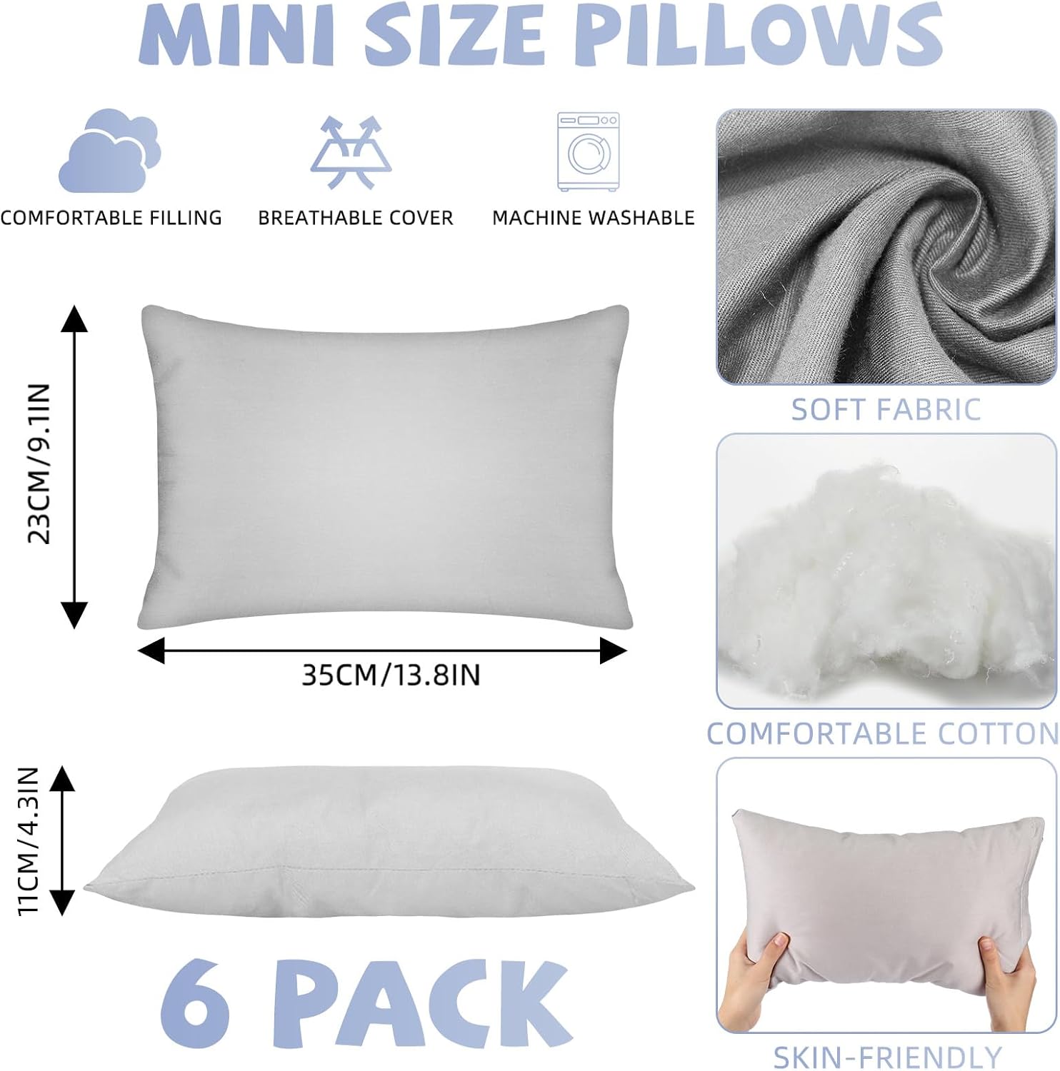 Kigley 6 Pack Mini Pillows Bulk Small Pillows 14"x9" Soft Travel Nap Pillow for Daycare Nap Time Pet Neck Lumbar(Gray) 6 Pack 9 inches Gray