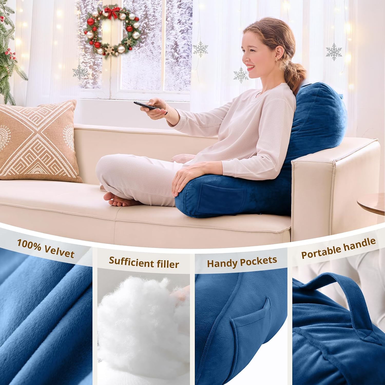 Sasttie Reading Pillow, Pillows for Reading or Relaxing – Ergonomic Support for Head, Neck, Back, and Lumbar, 21-Inch, Navy Blue Blue