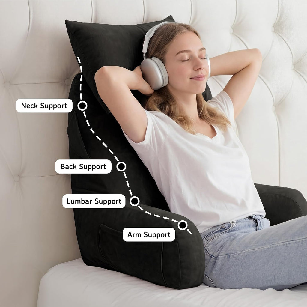 Unisakey Portable Reading Pillows with Headrest for Bed Sitting Up(Grey Oeko-Tex), Velvet Back Pillow with Arms & Pockets for Adults…