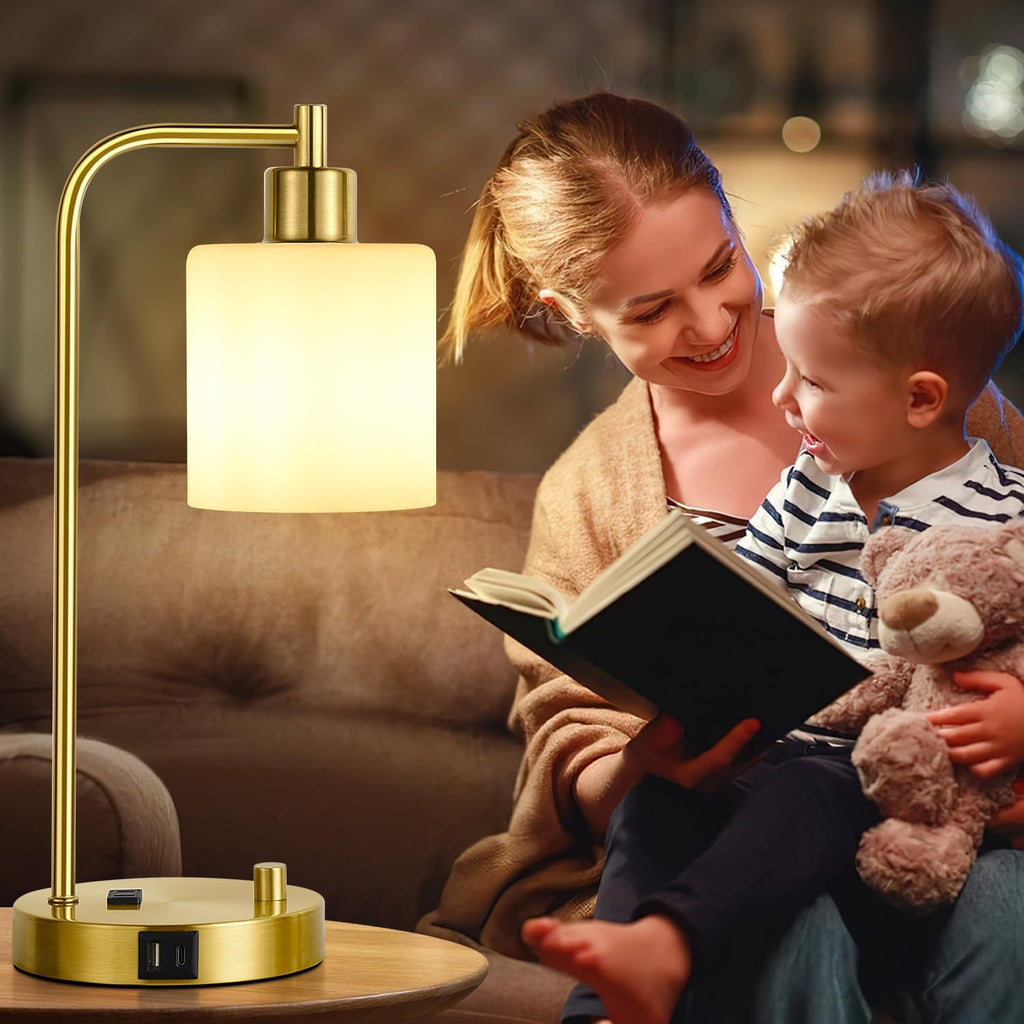 Lynnoland Set of 2 Industrial Table Lamps with USB C+A Ports and Outlet, Gold Fully Stepless Dimmable Bedside Lamps, Nightstand Lamp with…