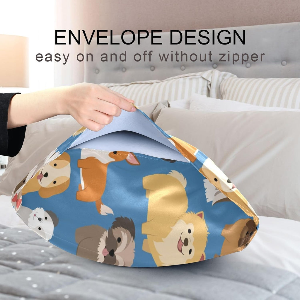 Dogs Cute Blue Print Pillow Covers Silk Pillowcase for Hair and Skin Soft Breathable Smooth Cooling Satin Pillowcase Queen Size Pillow…