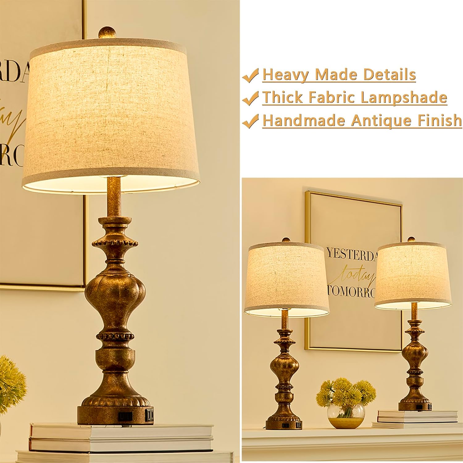 SAIWEYA 27.5" Farmhouse Table Lamps Set of 2 Bedside Nightstand Lamp with USB C+A Ports & AC Outlet, 3 Way Dimmable Lamps for Bedroom…