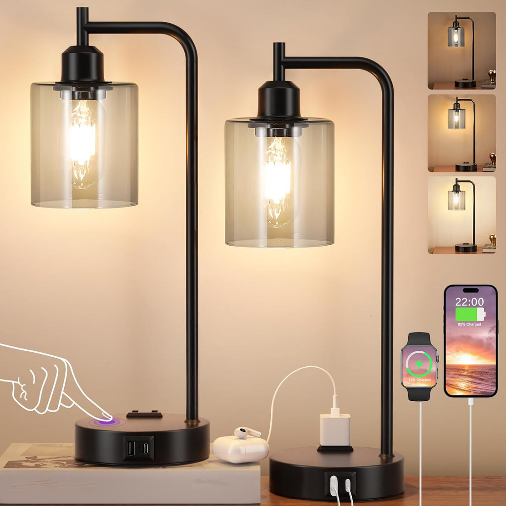 Innqoo Industrial Touch Bedroom Lamps for Bedrooms Set of 2-3-Way Dimmable Table Lamps with USB C+A Ports and Outlet, Bedside Lamps with…