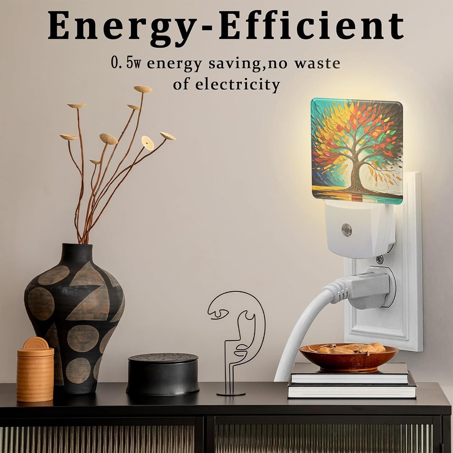 Colorful Life Tree Night Light Plug into Wall, Abstract Modern Artwork Oil Painting Dusk to Dawn Night Light Plug in,0.5w Energy Saving…