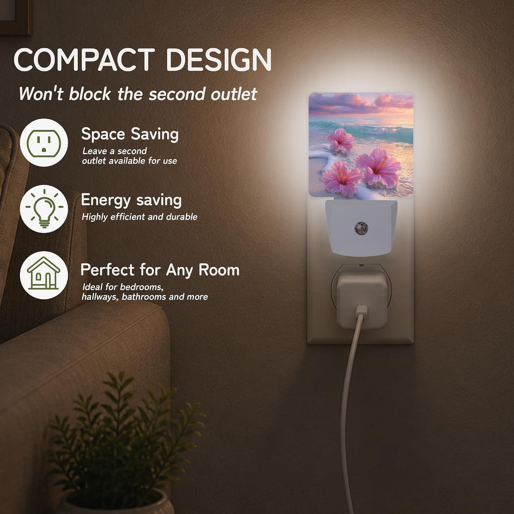Pink Hibiscus Beach Night Lights Plug into Wall, Night Light for Bedroom Bathroom Hallway Kitchen, Auto Dusk to Dawn Sensor Decorative…