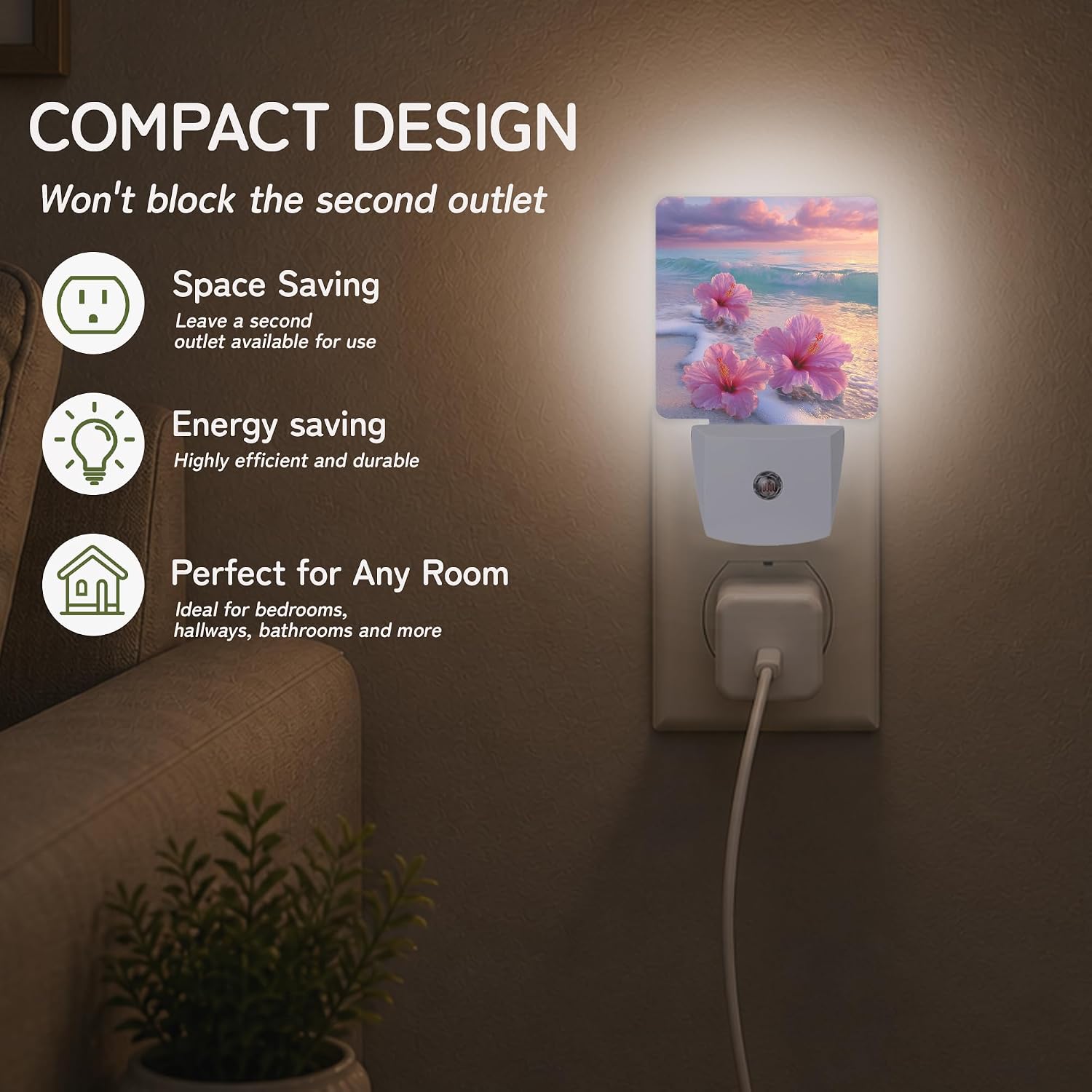 Pink Hibiscus Beach Night Lights Plug into Wall, Night Light for Bedroom Bathroom Hallway Kitchen, Auto Dusk to Dawn Sensor Decorative…