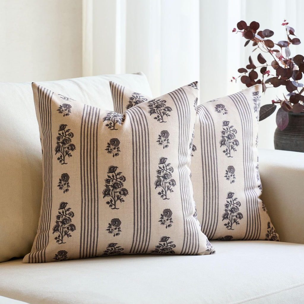 AffordableFloralPrintMaker Amor Virisso Floral Throw Pillow Covers 18x18 Set of 2 Block Print Pillow Covers Neutral Floral Striped Farmhous…