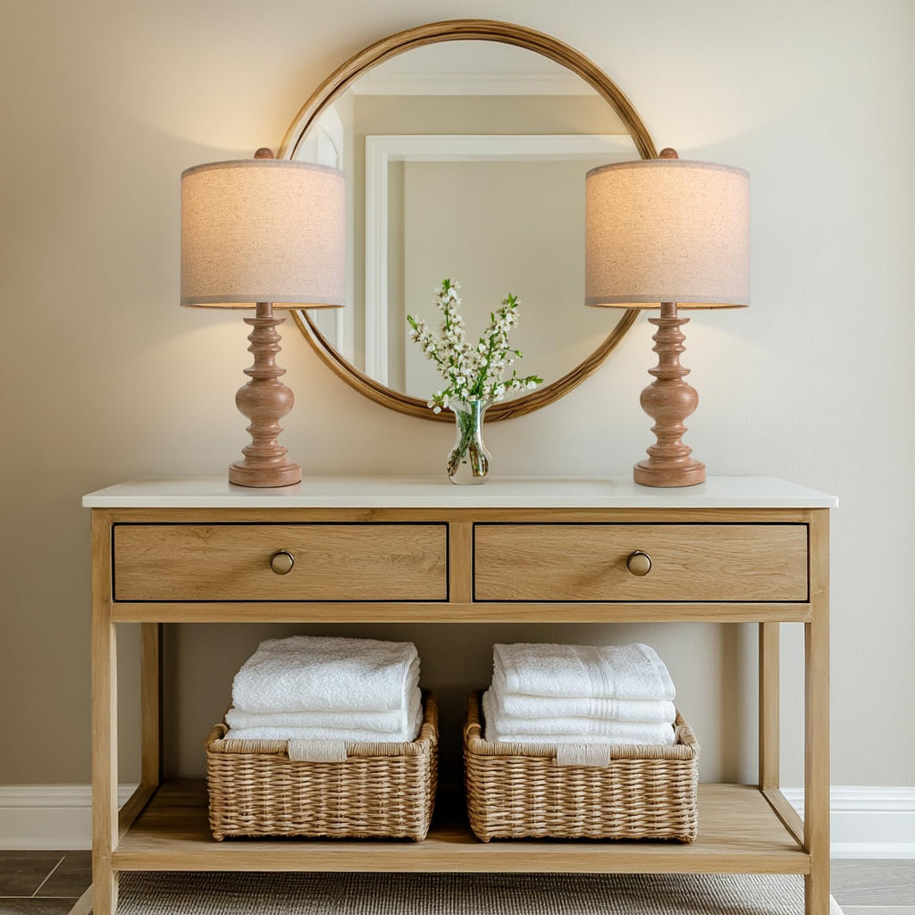 BOBOMOMO 20" Rustic Bedside Lamps Set of 2- Vintage Resin Table Lamps for Nightstands with Linen Shades, Farmhouse Lamps for Living Room…