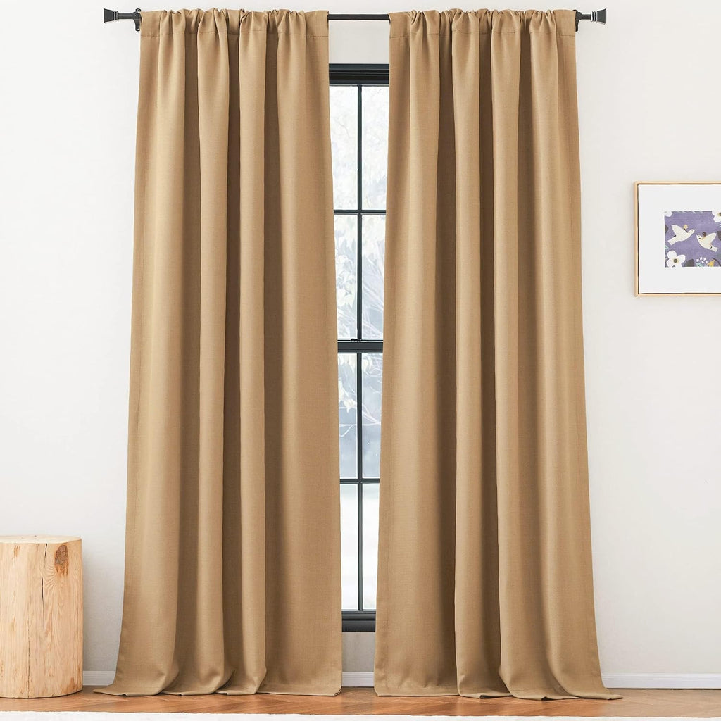 Nicetown Thick Faux Linen Room Darkening Caramel Curtains 96 inches Long, Pinch Pleated Faux Linen Curtains Thermal Insulated Window Treatm…