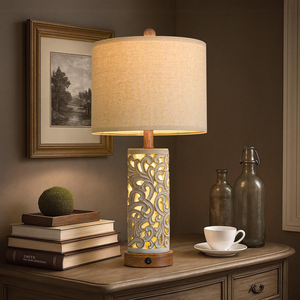 Oyears 22'' Table Lamp Set of 2 for Living Room, Farmhouse Lamp for for Bedroom, Vintage Retro Bedside Lamps with USB Ports Linen Shade for H…