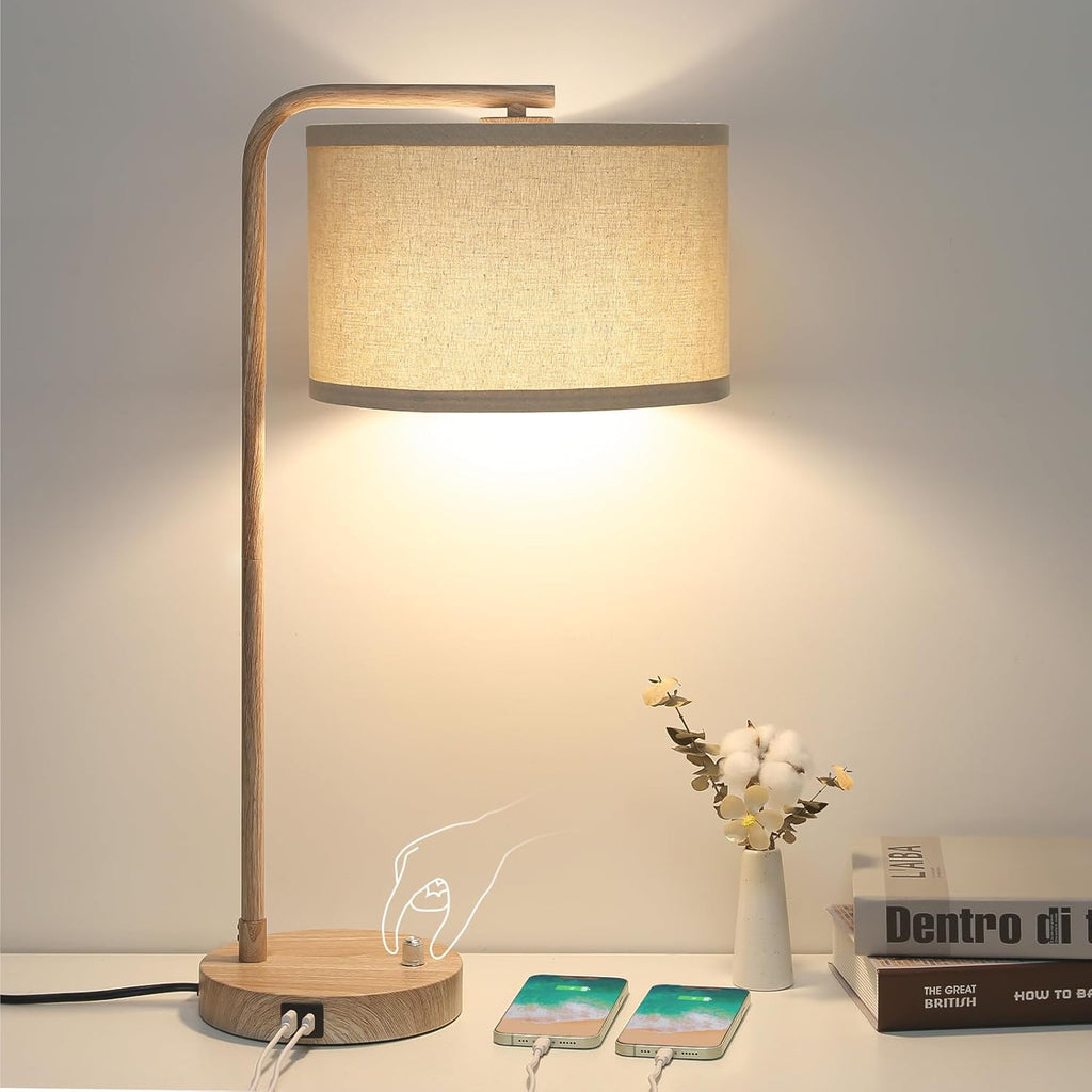 Farmhouse Table Lamp, Fully Dimmable Bedisde Nightstand Lamp with USB C+A Charging Ports, Modern Tall Table Lamp Desk Reading Lamp for…