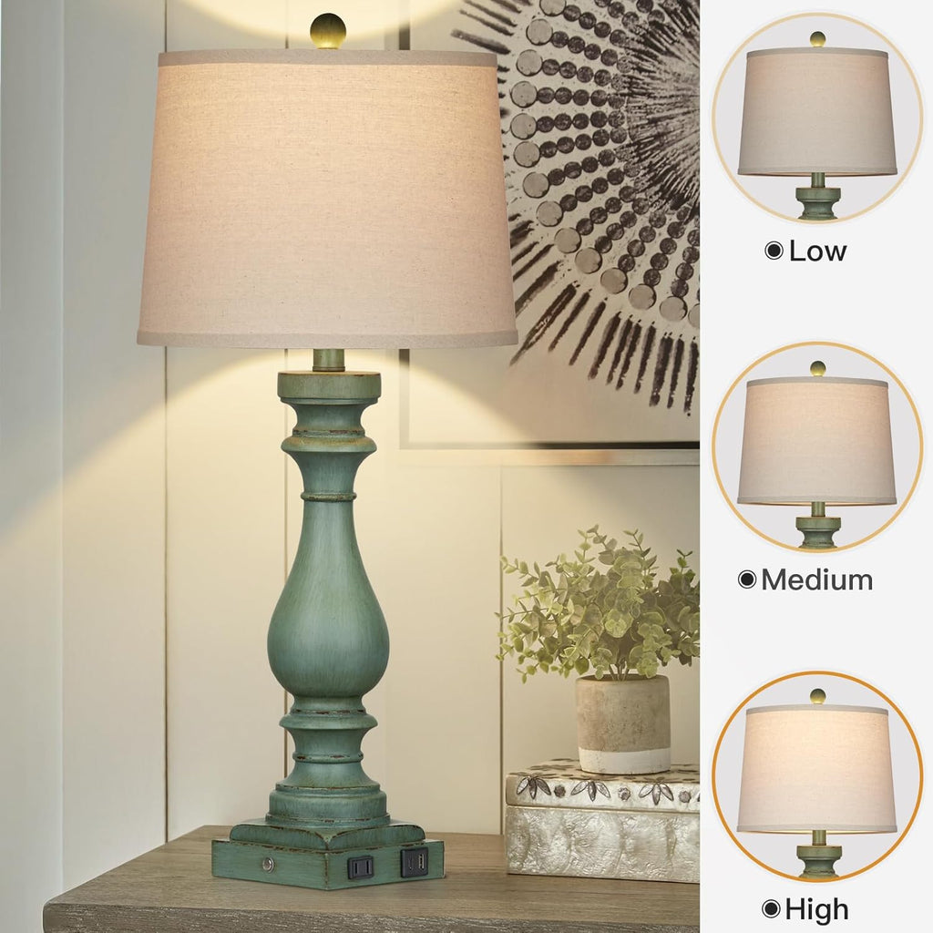 Cinkeda 29" Tall Table Lamp for Living Room Set of 2, Vintage Bedside Nightstand Lamps with USB C+A Ports & AC Outlet,3-Way Dimmable Touch…