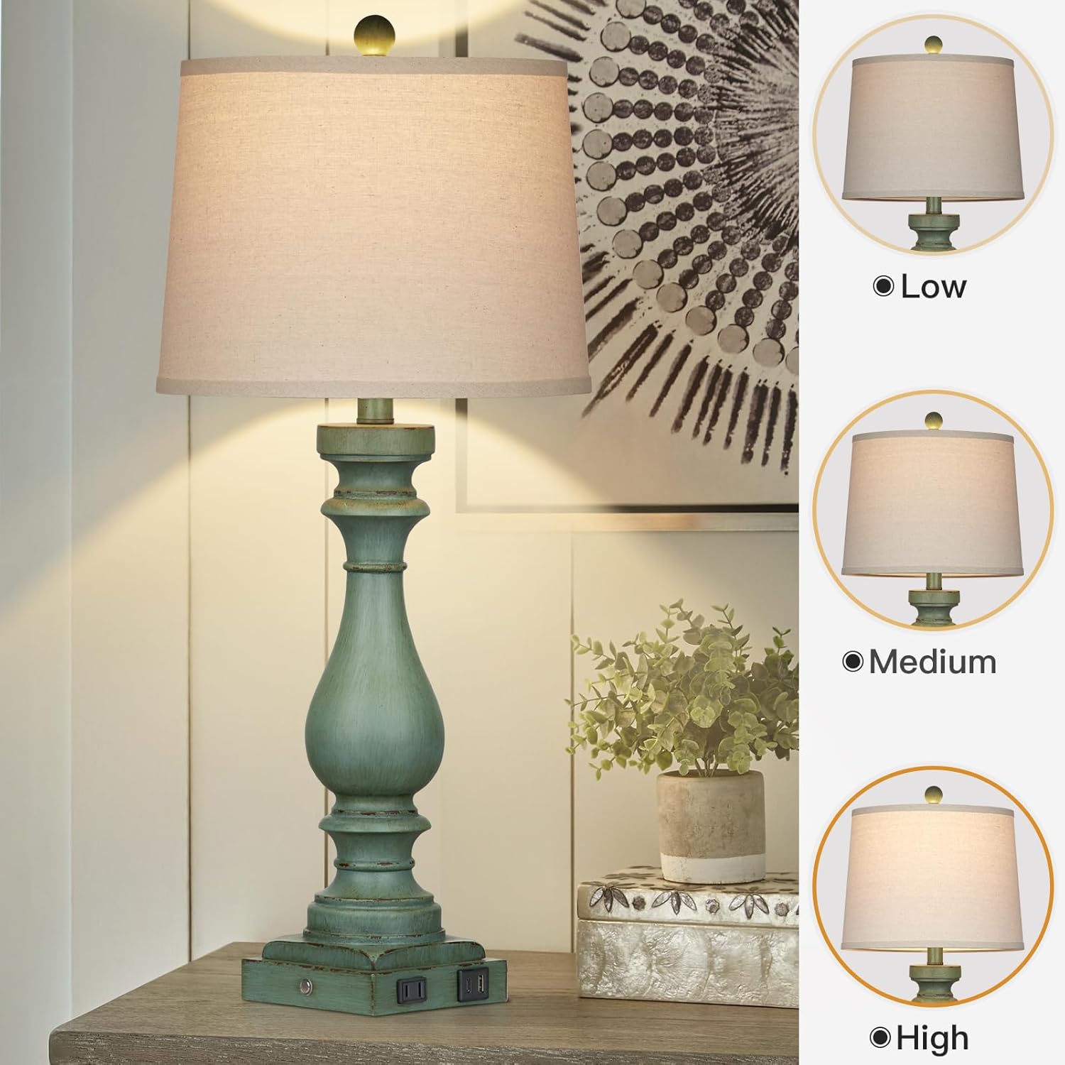 Cinkeda 29" Tall Table Lamp for Living Room Set of 2, Vintage Bedside Nightstand Lamps with USB C+A Ports & AC Outlet,3-Way Dimmable Touch…