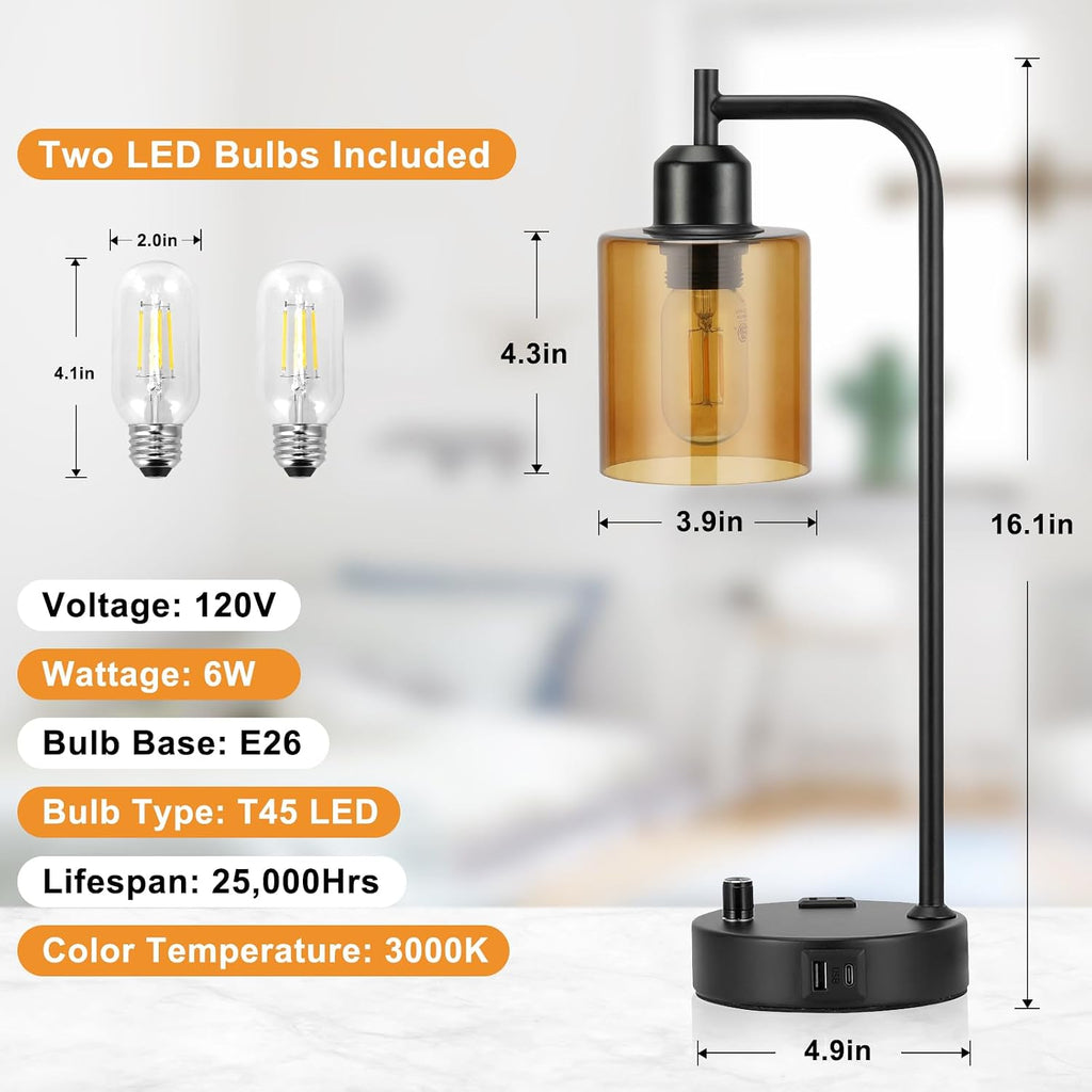 Industrial Bedside Lamps for Nightstand Set of 2 - Fully Dimmable Bedroom Lamps with USB A C Ports and Outlet, Black Table Lamps with…