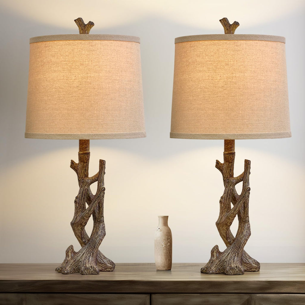 OYEARS 23" Rustic Farmhouse Table Lamp Country Cottage Lamps for Nightstand Tree Trunk Wood Grain Lamp for Bedroom Living Room with…