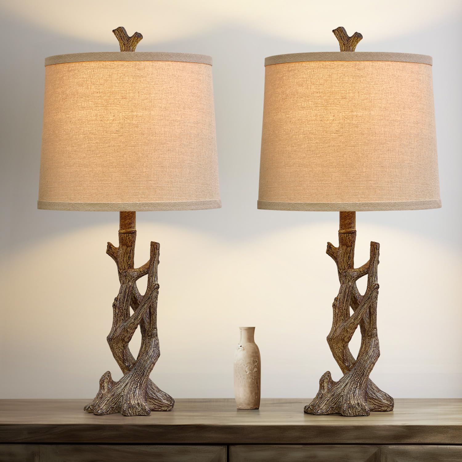 OYEARS 23" Rustic Farmhouse Table Lamp Country Cottage Lamps for Nightstand Tree Trunk Wood Grain Lamp for Bedroom Living Room with…