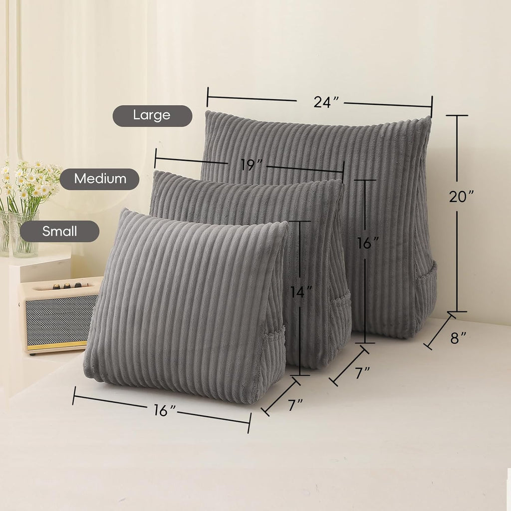 Corduroy Wedge Reading Pillow for Bed, 3 Sizes, 4 Colors for Bed, Sofa, Office Chair (Grey, Large 24 * 20 * 8in)