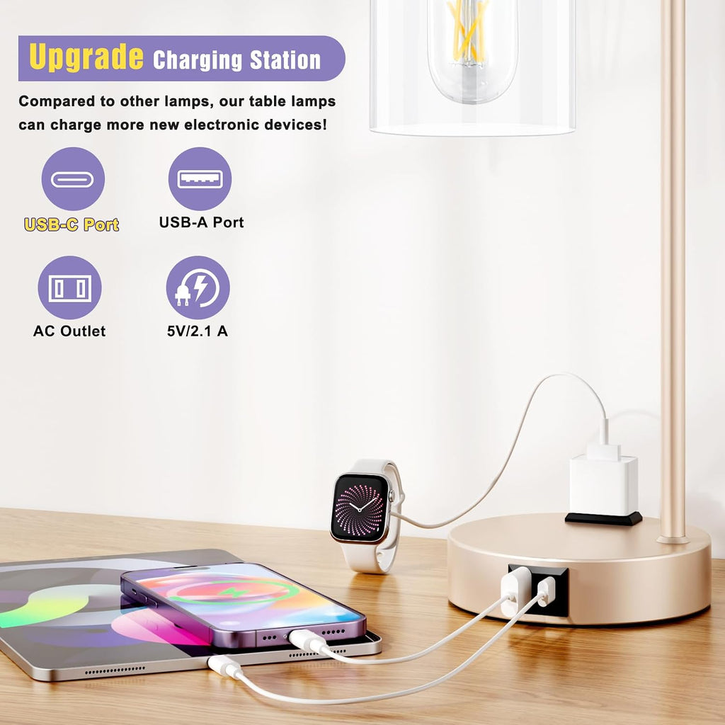 Industrial Touch Table Lamps for Bedrooms Set of 2 - 3-Way Dimmable Lamps with USB C+A Ports and Outlet, Champagne Gold Bedside Lamps…