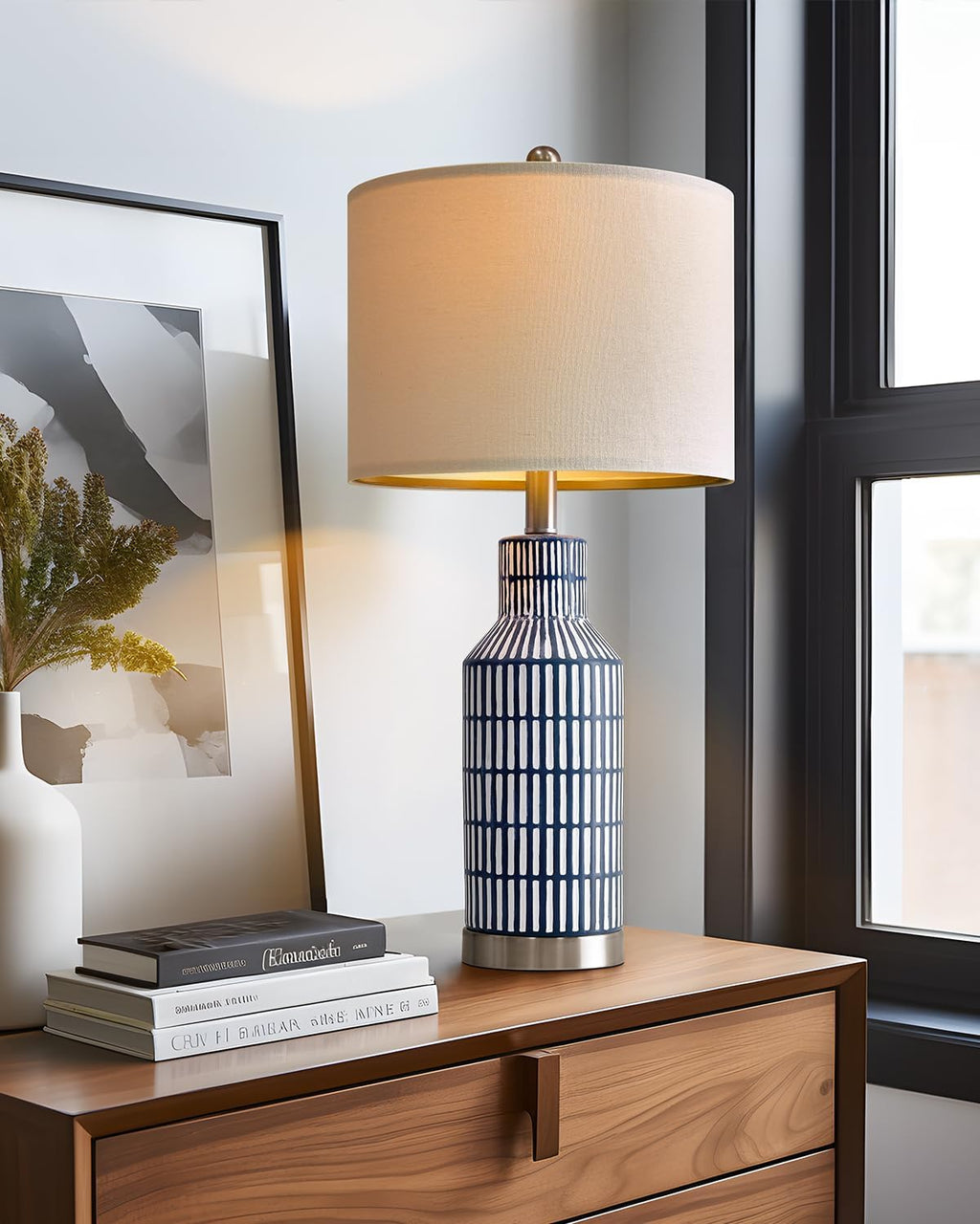 USumkky 25" Modern Ceramic Lamps Single Table Lamp for Living Room Bedroom Farmhouse Nightstand Bedside Lamps