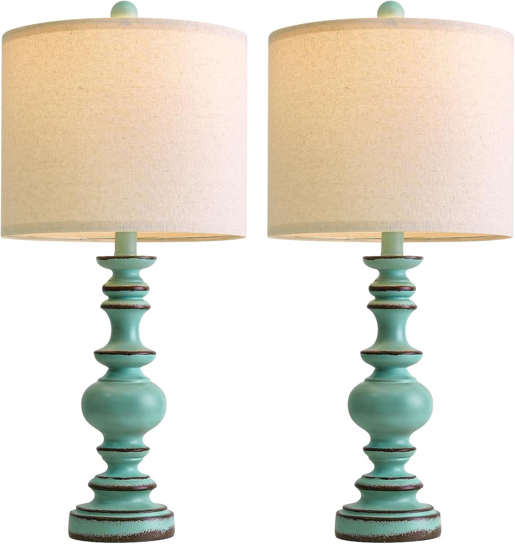 BOBOMOMO 24" Farmhouse Table Lamps Set of 2 – Distressed Teal Lamps with Linen Shades, Cottage Style Bedside Lamps for Bedroom, Living…