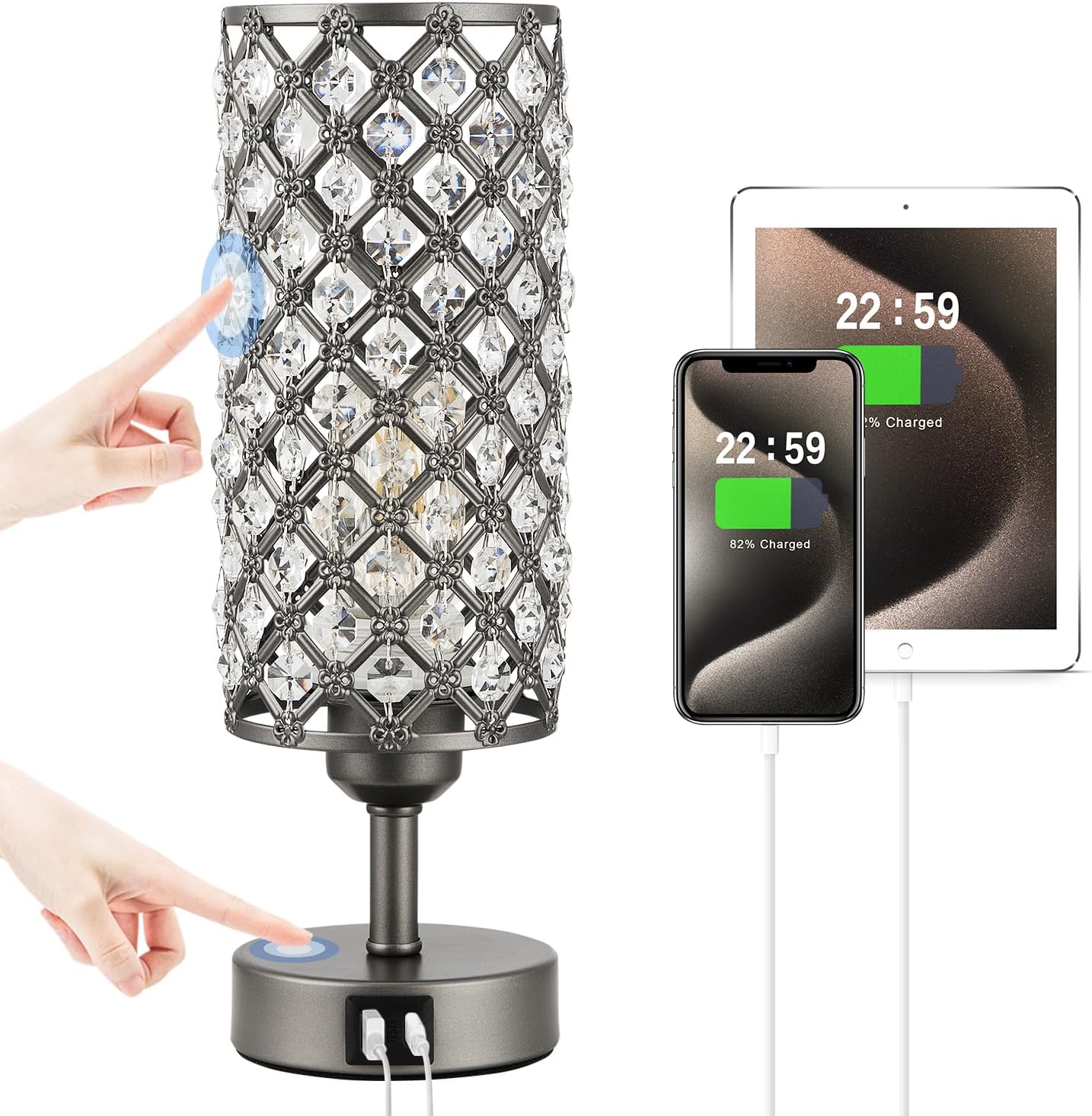 Hong-in Gray Crystal Table Lamp - 3-Way Dimmable Touch Control, Bedside Lamp with USB C and A Ports, Nightstand Light for Living Room…
