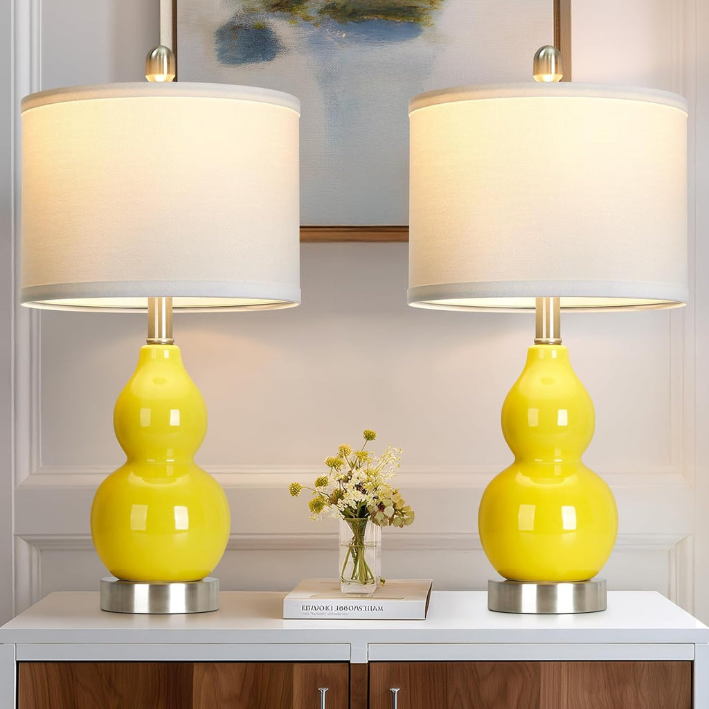 Rinweey Double Gourd Ceramic Table Lamps Set of 2, Modern Yellow Bedside Lamps for Night Stand, Contemporary Nightstand Lamps for Bedroom…